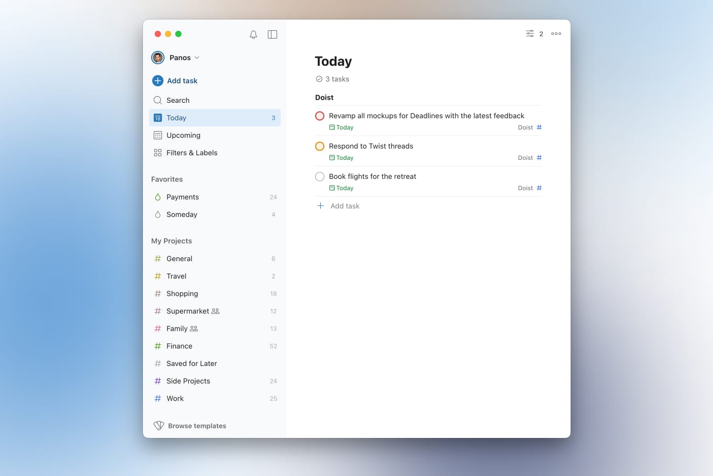 Todoist task manager app open on a desktop, displaying the ‘Today’ view with a list of tasks and categorized projects on the sidebar