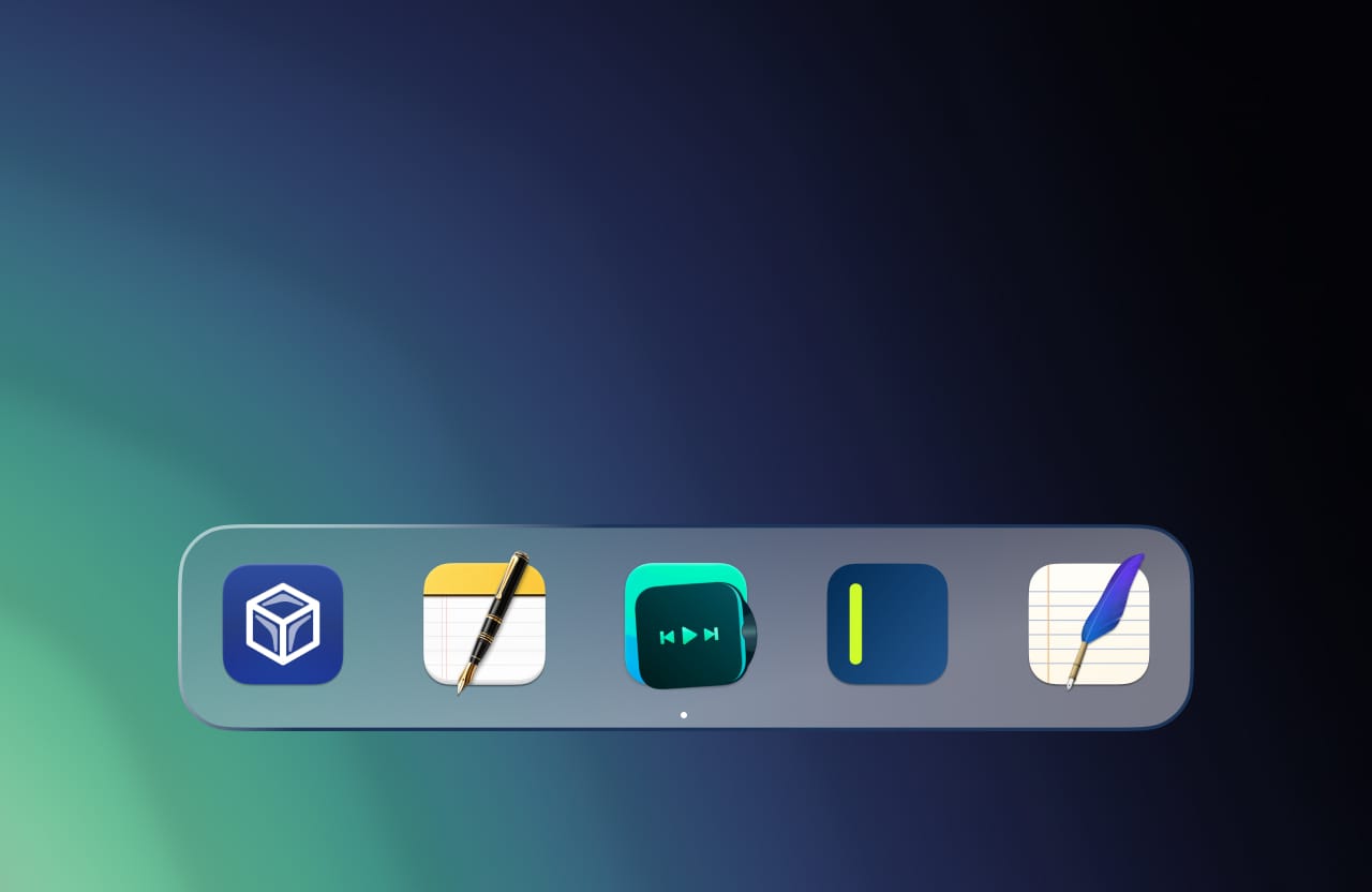 Five productivity app icons in a macOS dock contain