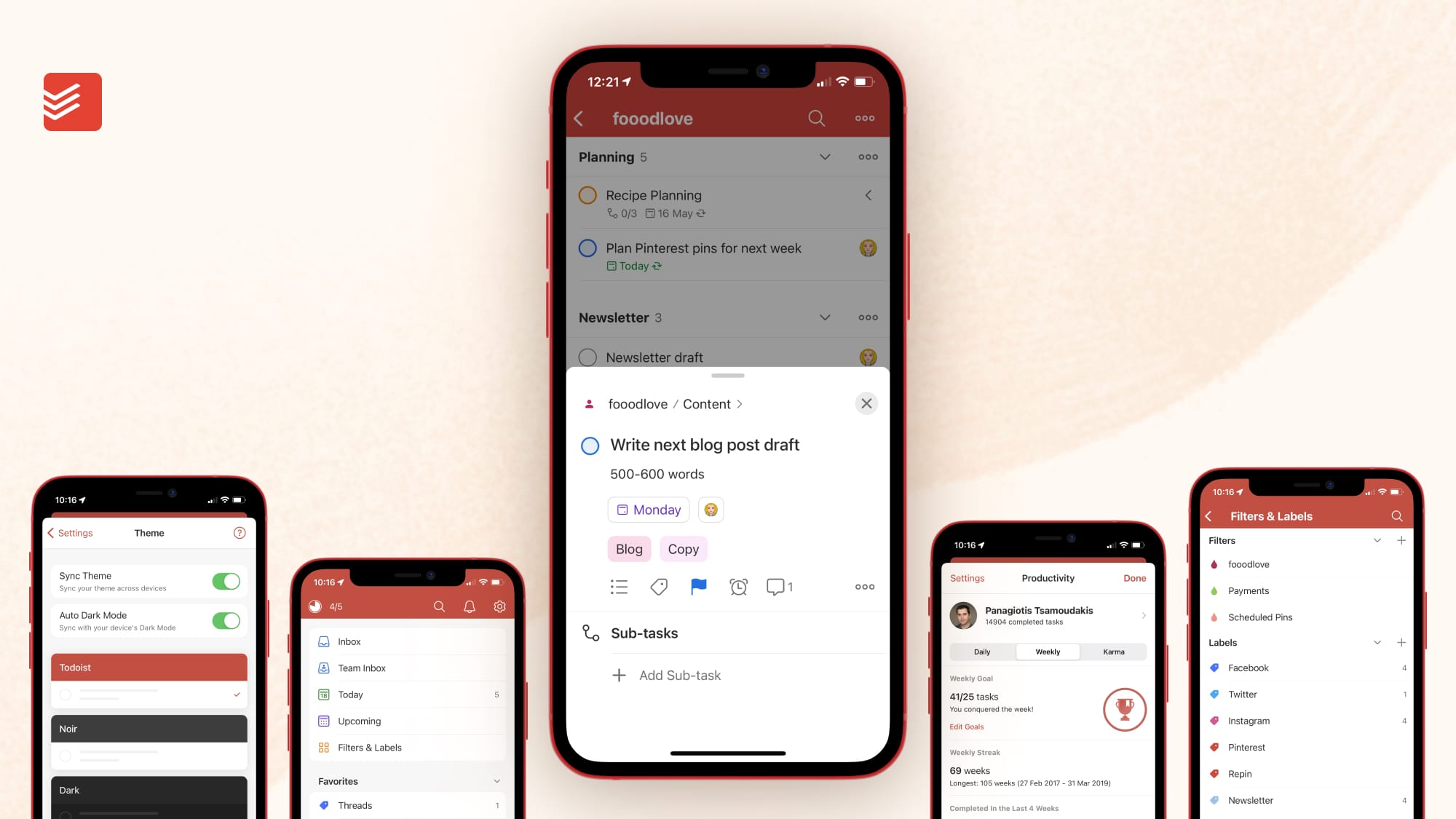 Todoist showcased on multiple iPhones