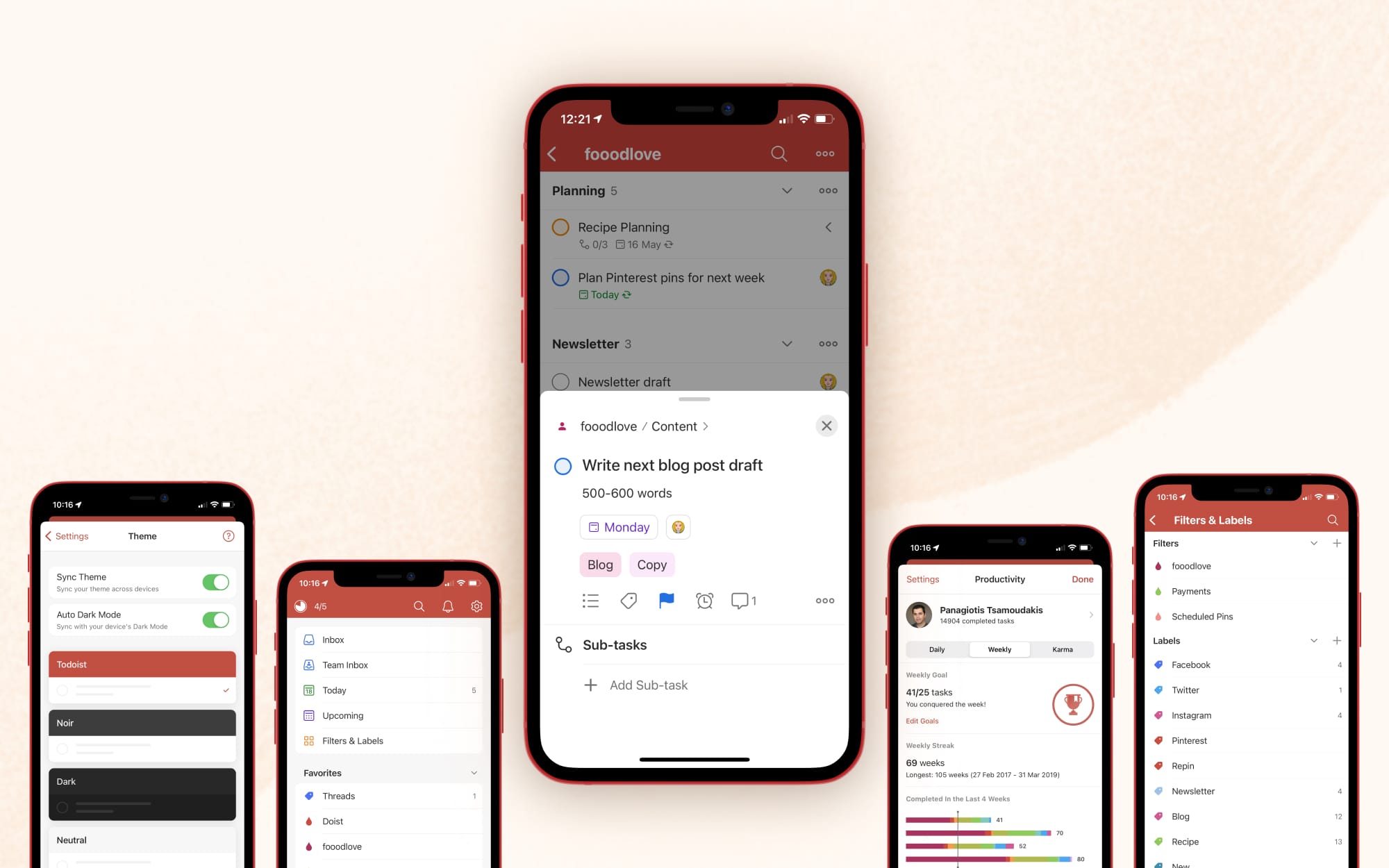 Todoist showcased on multiple iPhones